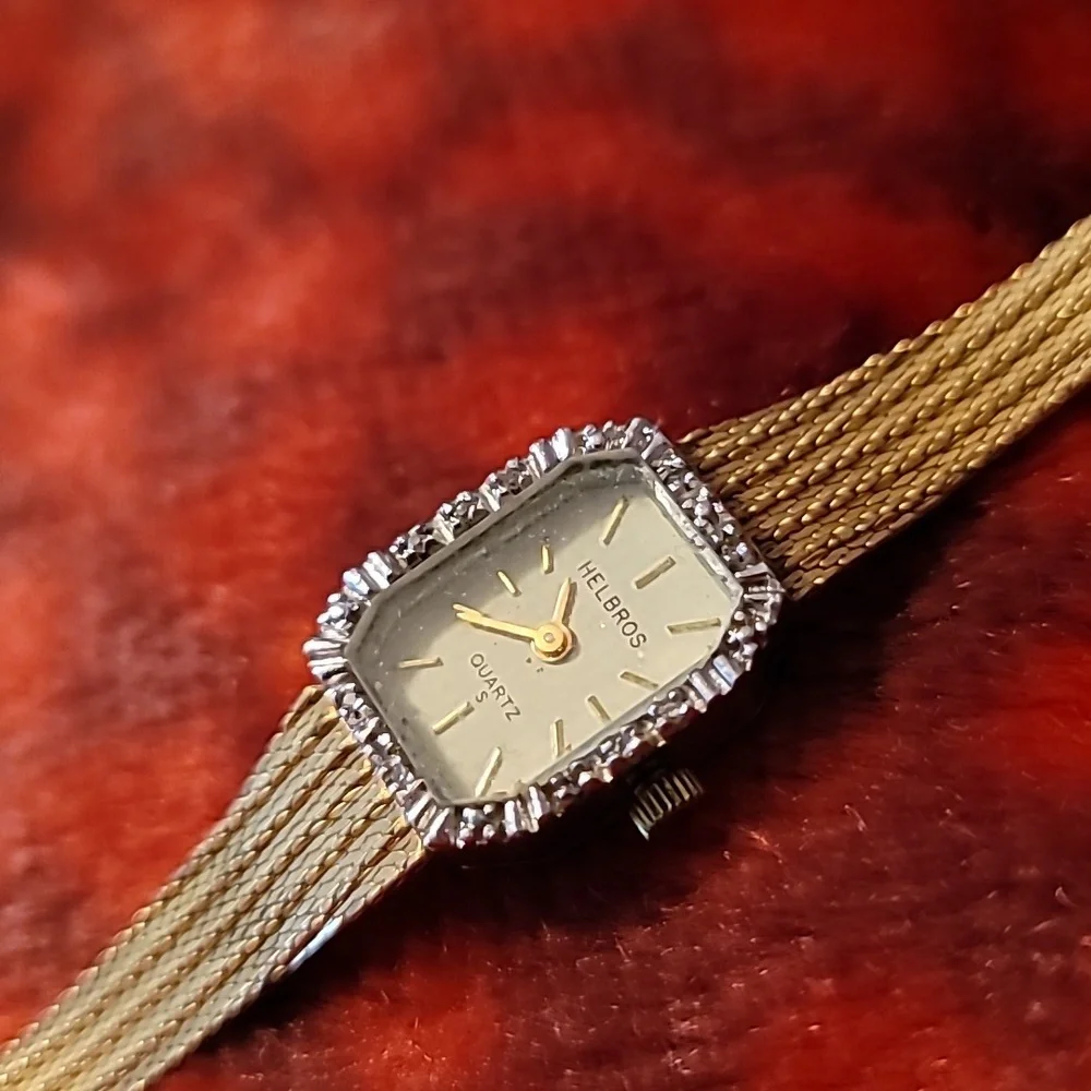 Vintage Helbros Diamond Accent Cocktail Watch SuperQuartz Adjustable Stripe Band